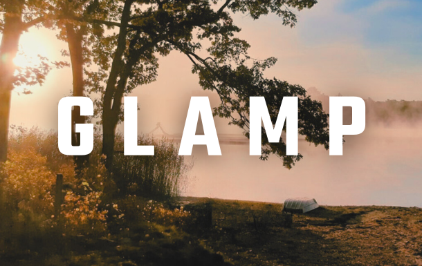 Image of a misty early morning on Larkin Pond with the word "GLAMP"